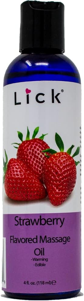 Lick Strawberry Flavored Massage Oil with Natural Vitamin E - Aromatherapy & Moisturizing Body Oil for Relaxing Muscle Massage - Essential Non-Sticky Skin Therapy for Men and Women - 4 oz
