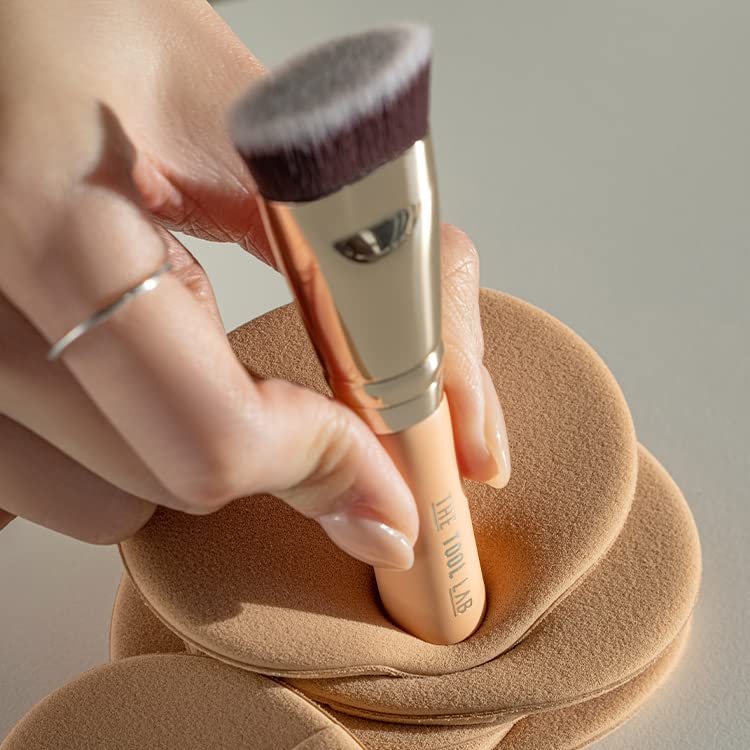 THE TOOL LAB All Day Fitting Duo (Glow type) - Premium Base Makeup Set for Liquid Cream Powder Foundation, Buffing Blending Face Brush, Sponge, Portable Case - 1.1" Flat Top Brush