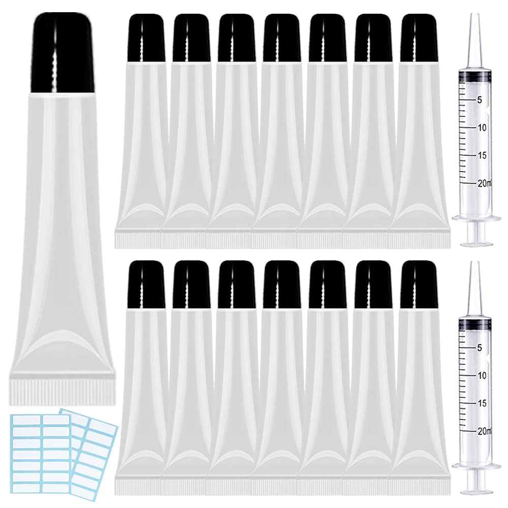 AMORIX 50 Empty Lip Gloss Tubes - 15ml Black Cap Containers + 2 x 20ml Syringes & Labels for DIY Lip Gloss Base