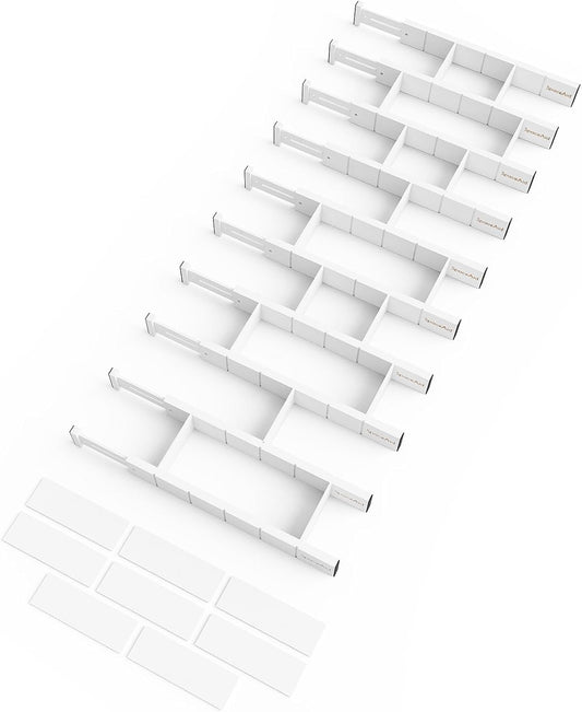 SpaceAid Bamboo Drawer Dividers with Inserts and Labels, Kitchen Adjustable Drawer Organizers, Expandable Organization for Home, Office, Dressers, 10 Dividers with 24 Inserts (17"-22" White)