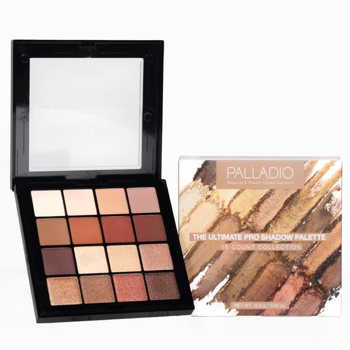Palladio Ultimate Pro Eyeshadow Makeup Palette, 16 High-Pigmented Powder Colors, Matte, Shimmer, Satin Finishes, Natural Nudes