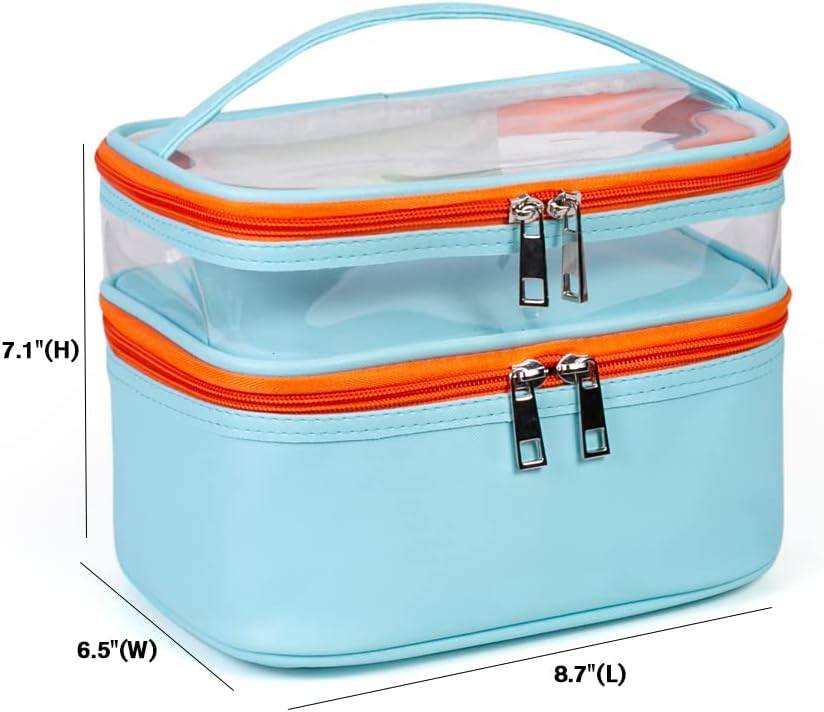 FITINI Large Makeup Bags Double Layer Travel Cosmetic Cases Make-up Organizer Water-resistant Toiletry Bags for Women Makeup Brush Storage Bag,Light Blue