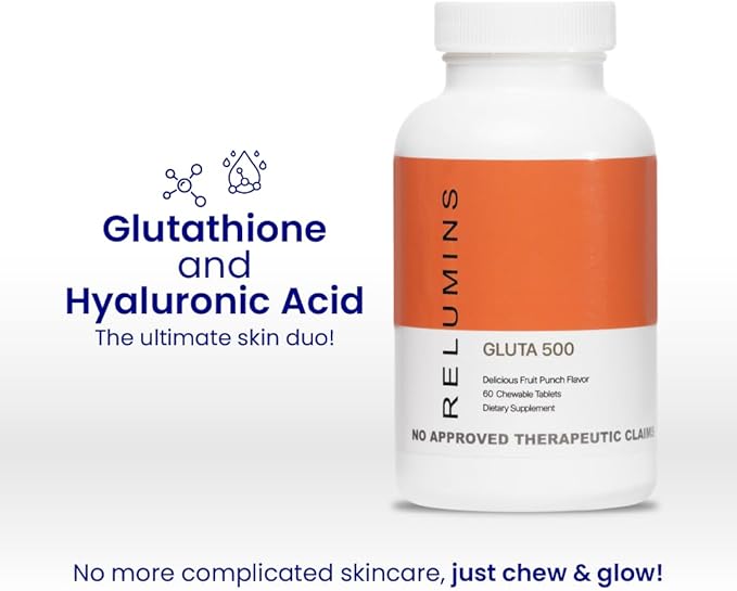 Relumins Gluta 500 - Chewable/Sublime Wall Glutathione Complex with Advanced Skin Nutrition - Hyaluronic Acid, VIT C, Biotin Plus 4 Powerful Actives - Fruit Punch Flavored - 60CT