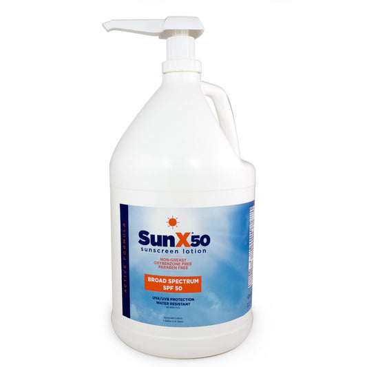 CoreTex Sun X 50 SPF Broad Spectrum Sunscreen Lotion - 1 Gallon Jug & Pump Bottle of Paraben, Oxybenzone, Octinoxate, & Oil Free Sunscreen - No White Cast and Water & Sweat Resistant Up to 80 Minutes