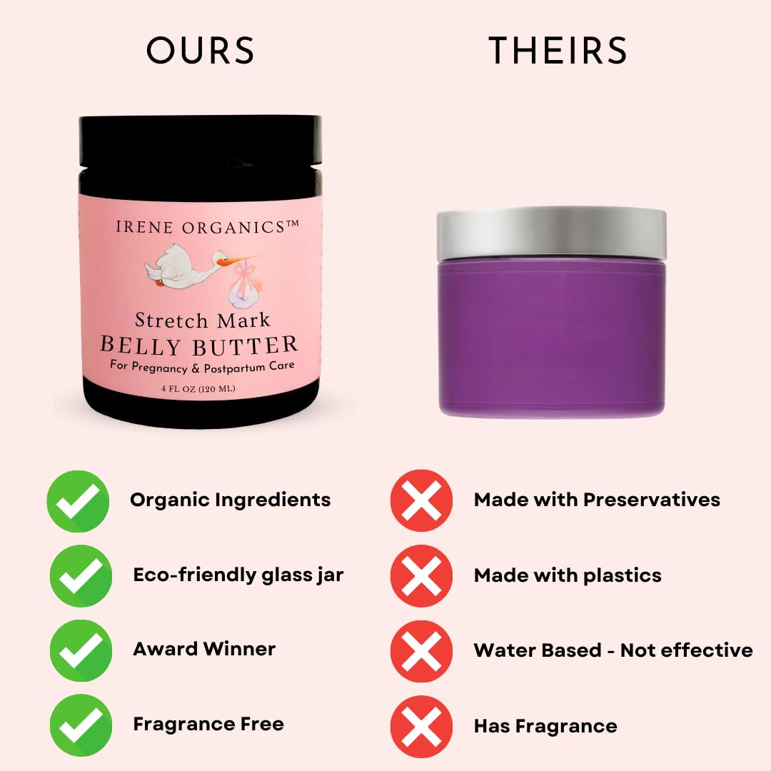 Organic Belly Butter for Pregnancy Stretch Mark Prevention and Treatment by Irene Organics - Award Winning Anti Stretch Mark Tummy Balm For Pregnancy and Postpartum 4oz - Hydrating Bump Cream