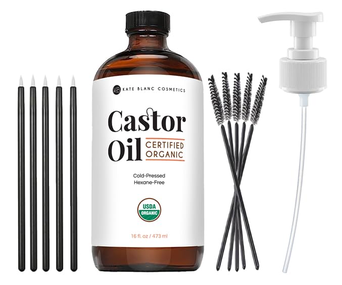 Kate Blanc Cosmetics Castor Oil Organic (16oz), 100% Pure, Cold Pressed, Hexane Free, Glass Bottle. Natural Oil for Hair, Eyelashes, Eyebrows. Skin Moisturizer with Starter Kit