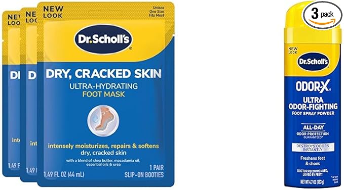 Dr. Scholl's Ultra Hydrating Foot Mask 3 Pack, Odor-Fighting Spray Powder Bundle, Intensely Moisturizes Repairs and Softens Rough Dry Skin, Destroys Odors Instantly