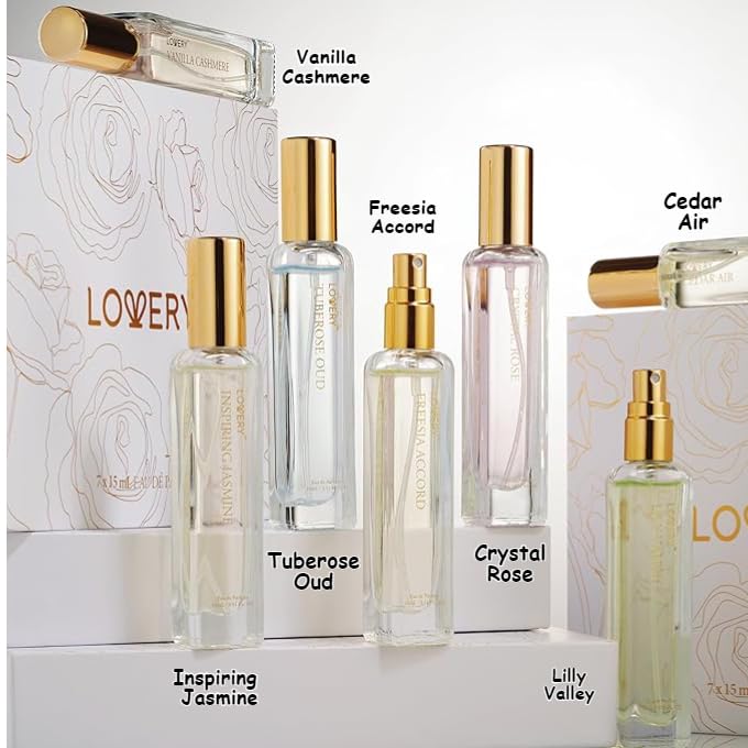 LOVERY Assorted Sampler Perfumes, 7 x 15ml Eau de Parfum Set, Clean Fragrances for Women & Men, Travel Size, Vegan & Cruelty Free