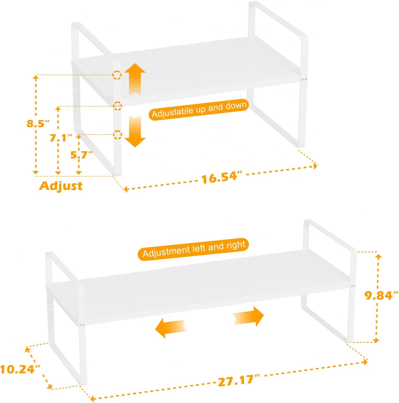 Slideep Expandable Counter Organizer Shelf, Stackable Cabinet Shelves Organizer Storage Rack Cupboard Stand Spice Rack for Kitchen Bathroom Pantry White -2 Set