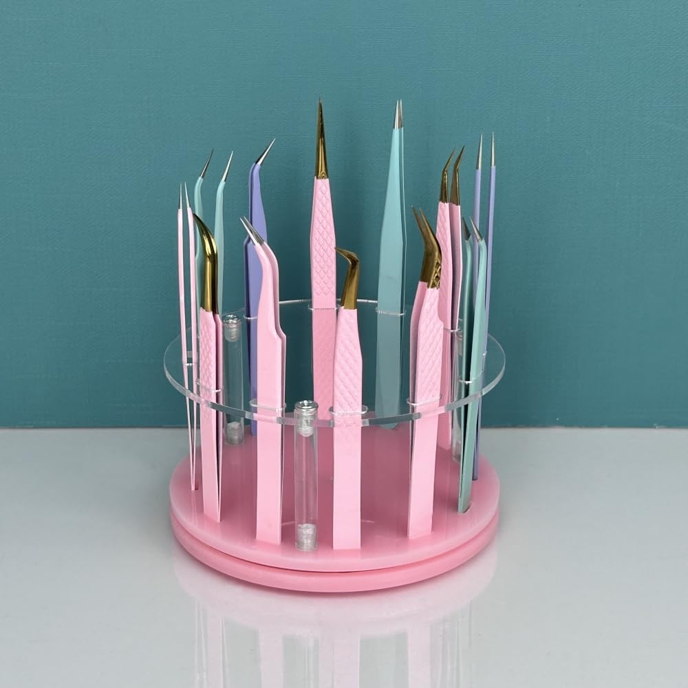 12 Holes Rotatable Acrylic Tweezers Holder, Grafting Eyelash Makeup Tweezer Stand Display Extensions Organizer Individual Training Tools (Pink)