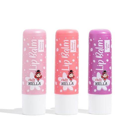 Miss Nella set of 3 Hypoallergenic children Lip Balms- HONEY BUNNY, SWEET CHEEKS & CUTIE PIE, Non Toxic Make Up for kids, perfect for those with sensitive skin.