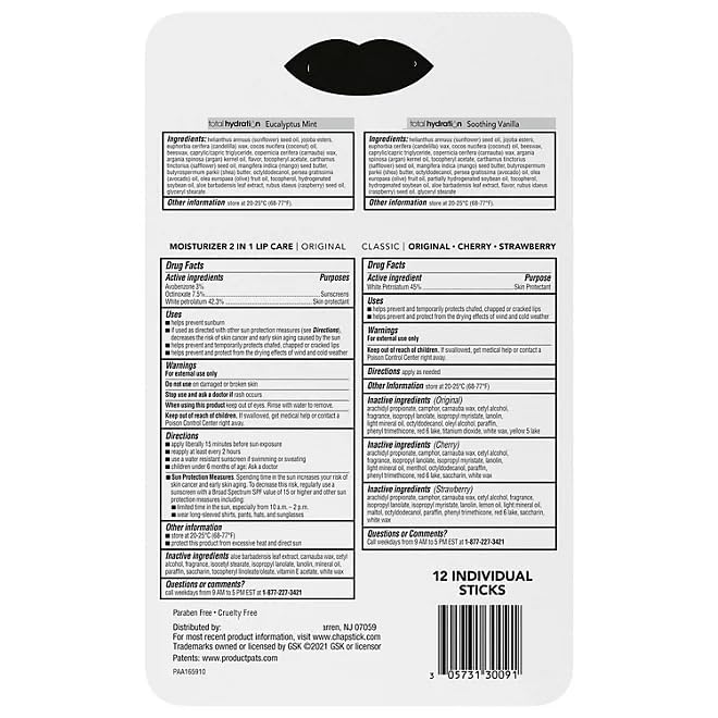 Moisturizer & Total Hydration Original, Cherry, Strawberry, Lip Balm Variety Pack - 12 ct