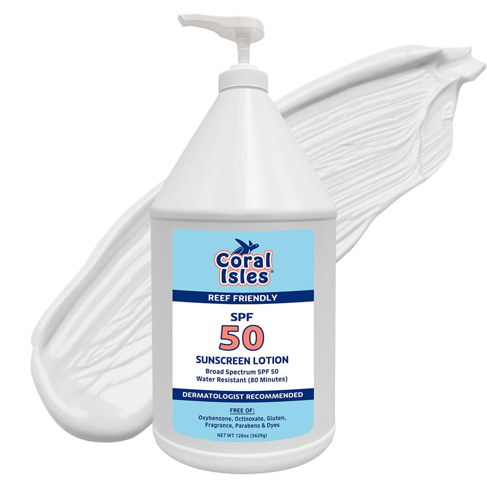 Coral Isles by Rocky Mountain Sunscreen | SPF 50 Lotion | Broad Spectrum UVA/UVB Protection | Hawaii Reef-Safe Act Compliant | Oxybenzone & Octinoxate Free | Water Resistant 80 Min. | 128 Fl Oz