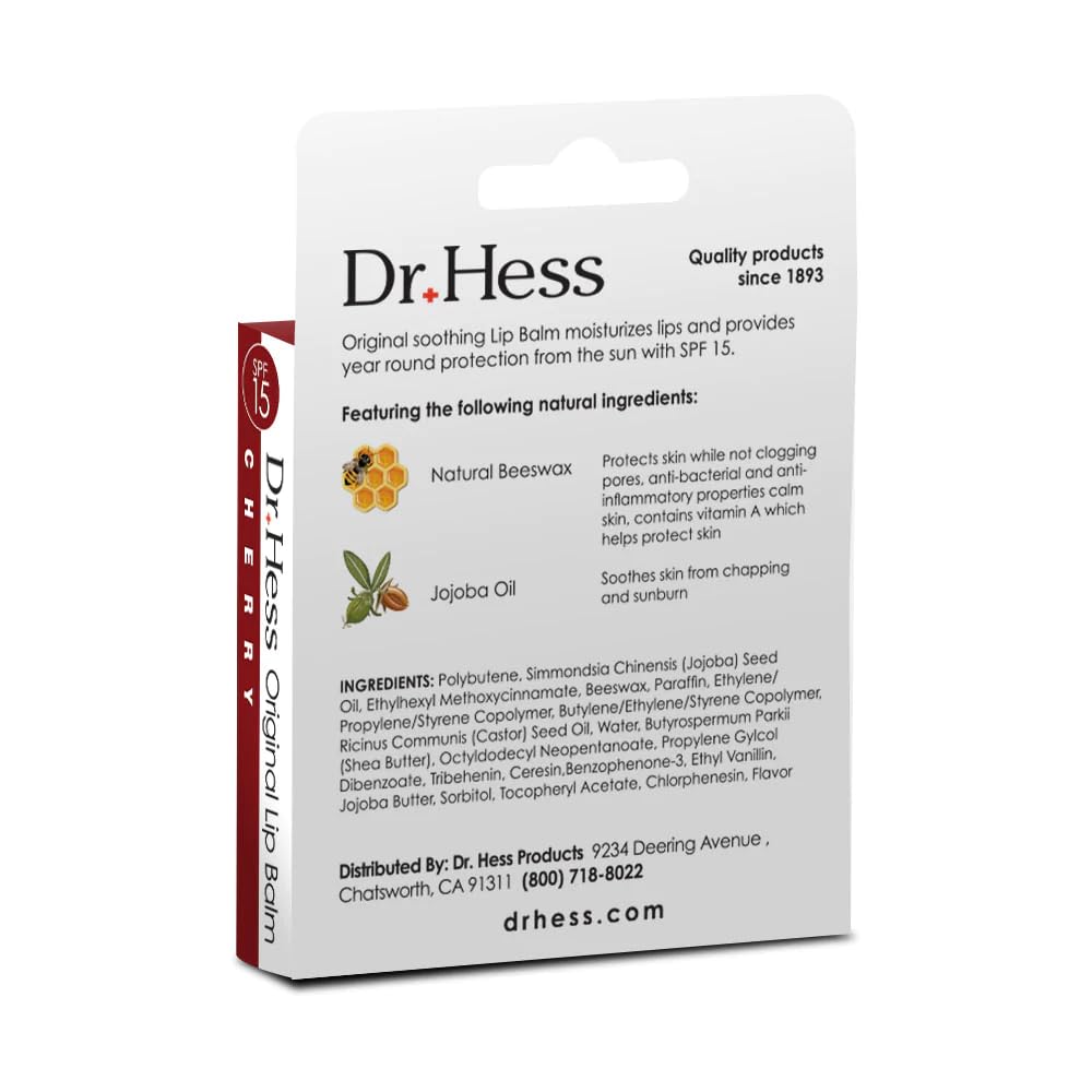 Dr. Hess Original Udder Stick SPF Lip Balm, Soothing Moisturizer Sun Screen Balm for Dry Lips with Jojoba, Beeswax & Shea Butter, Total Lip Care, Hydration & Repair, Cherry Flavor, 4 Pack