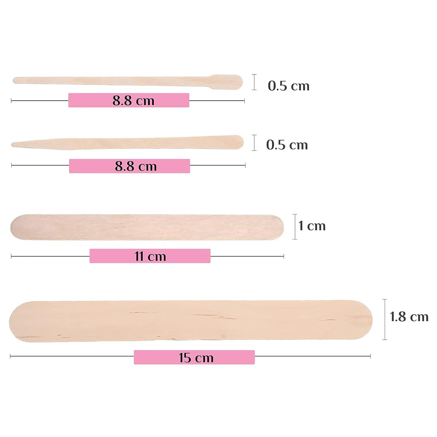 Mibly 4 Style 350 Pcs Assorted Wooden Wax Sticks for Body Legs Face and Small Medium Large Sizes Eyebrow Waxing Applicator Spatulas for Hair Removal or Wood Craft Sticks