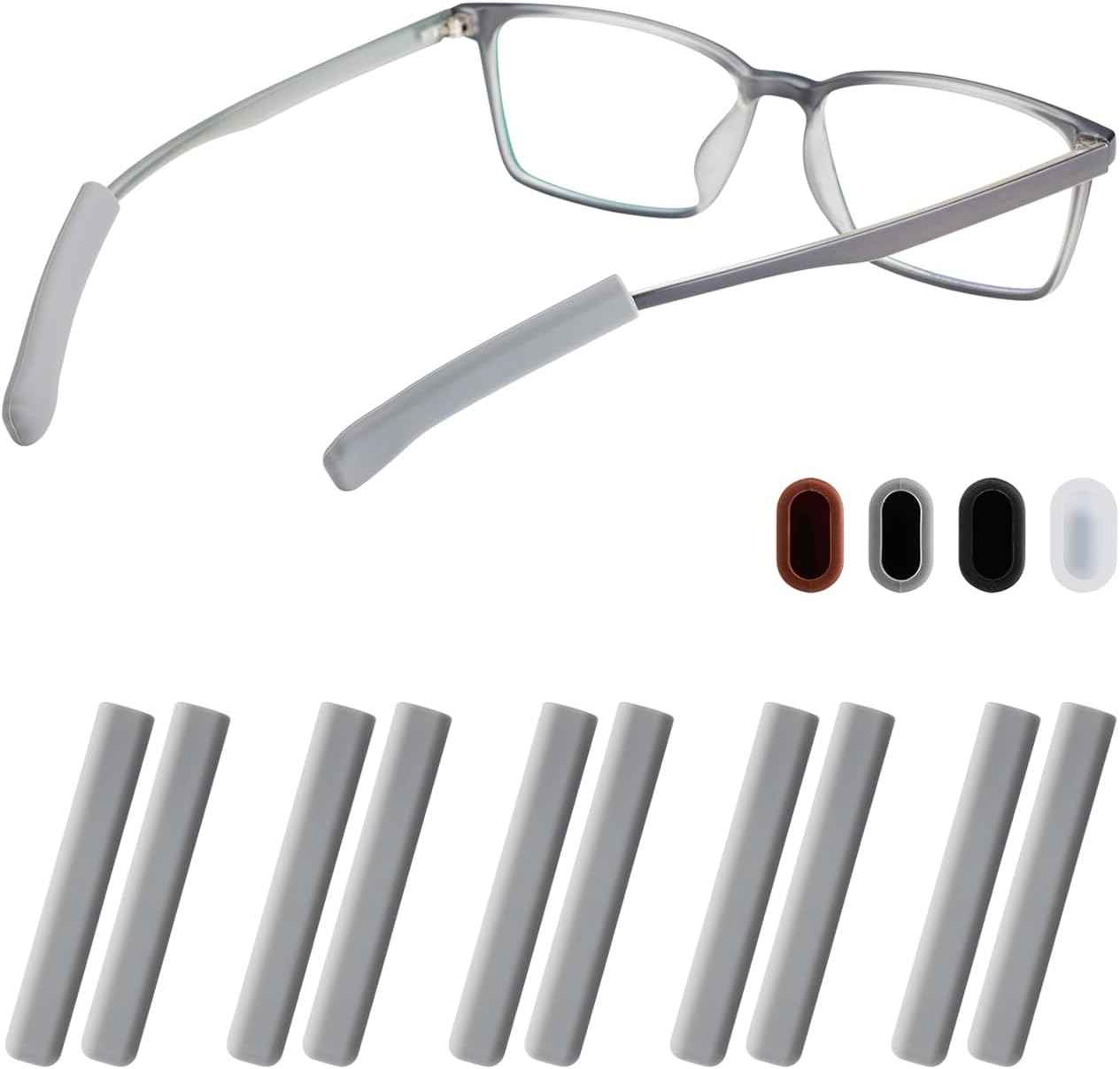 Glasses Ear Cushion, Non Slip Soft Silicone Eyeglass Ear Cushions, Anti-Slip Comfort Eyeglasses Temple Tips Sleeve Retainer, Comfort Eye Glass Ear Grips, Glasses Accessories (5 Grey Pairs)