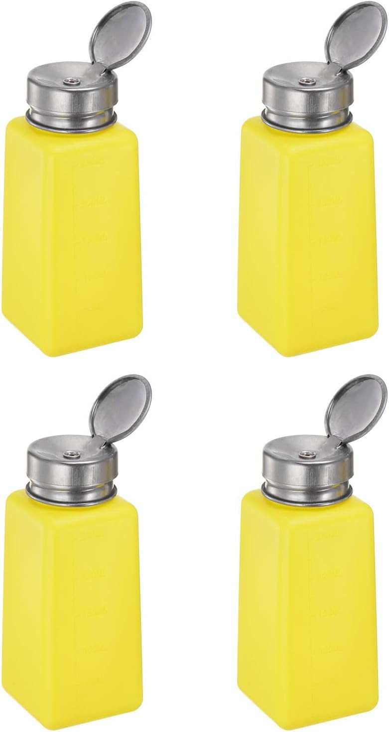 HARFINGTON 4PCS 250ML(8.5oz) Push Down Alcohol Dispenser Pump Liquid Press Empty Bottles Refillable Container for Acetone Cleanser Nail Polish Remover, Yellow