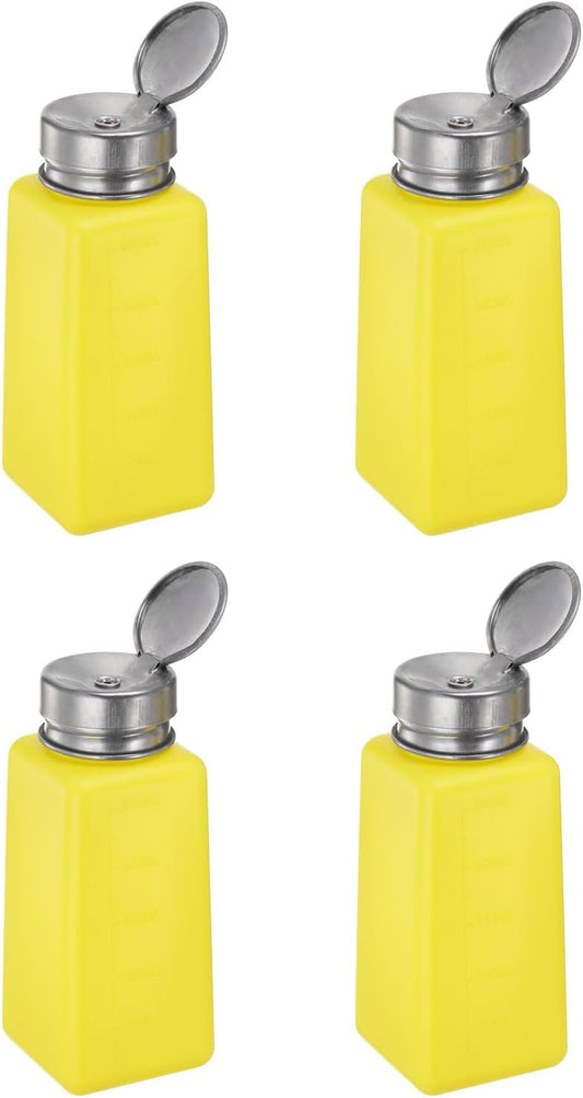 HARFINGTON 4PCS 250ML(8.5oz) Push Down Alcohol Dispenser Pump Liquid Press Empty Bottles Refillable Container for Acetone Cleanser Nail Polish Remover, Yellow