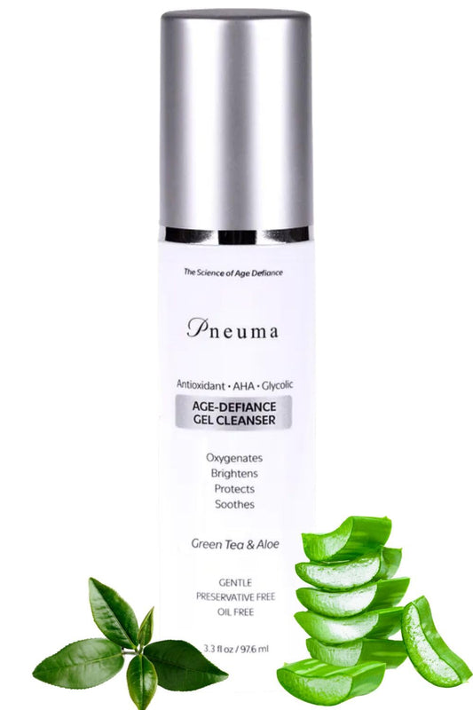 Pneuma Age-Defiance Gel Cleanser with Antioxidant | AHA | Glycolic | Oxygenate, Exfoliate, Protect and Soothes Skin | Gentle Face Cleanser Gel | Green Tea and Aloe