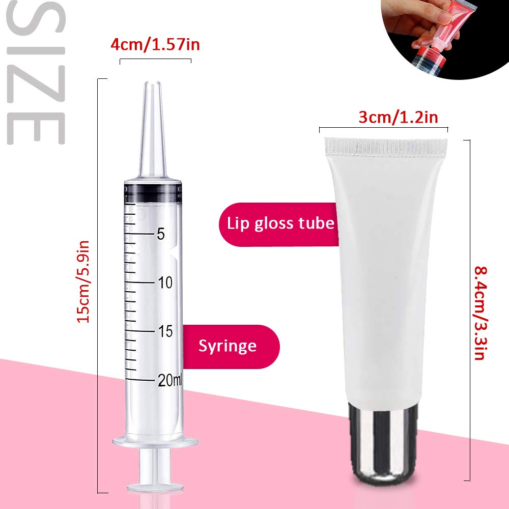 AMORIX 50pcs Matte Silver Lip Gloss Tubes 10ml Empty Cosmetic Squeeze Tubes for Lip Gloss Base Glitter with 2 x Syringes + 28pcs Tag Labels Stickers