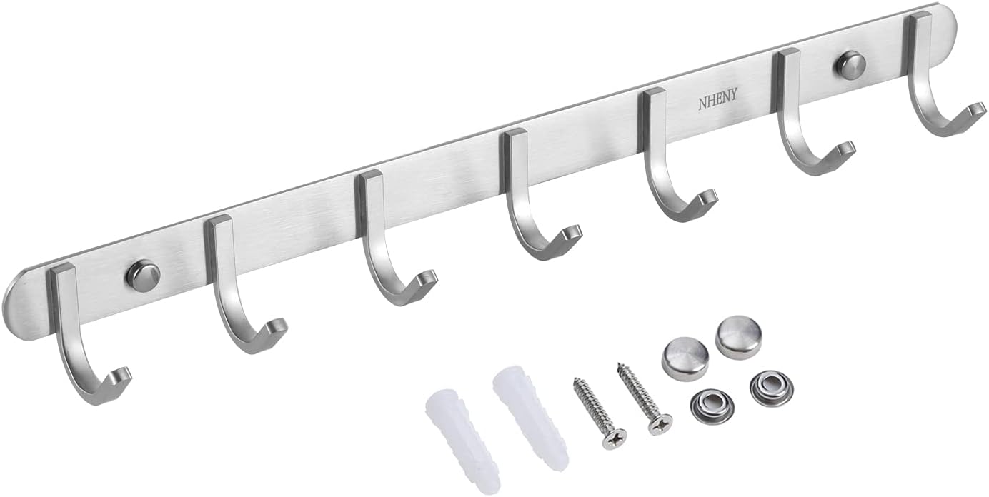 Coat Hook Hanger Wall Mounted 17-Inch Towel Hook Rack with 7 Hooks, Easy Installation Rail for Bedroom, Bathroom, Foyer, Hallway, Office, Rust and Water Proof (Stainless Steel Brushed Nickel)
