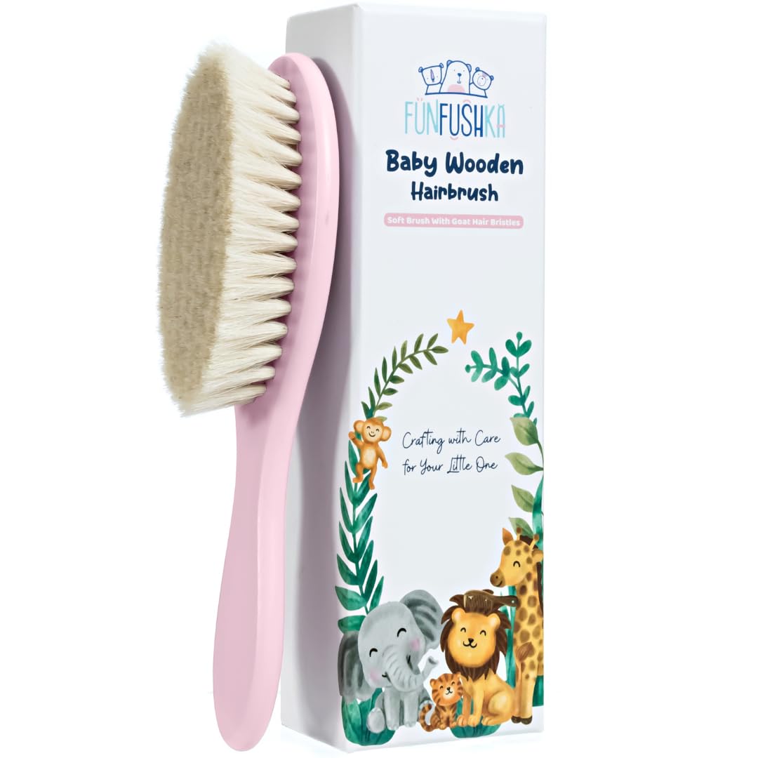 Baby Hair Brush - Ultra Soft Goat Bristles - Wooden Cradle Cap Brush for Newborns, Infants, Toddlers - Gentle Scalp Grooming and Styling for Baby Girls and Boys (Rosa)