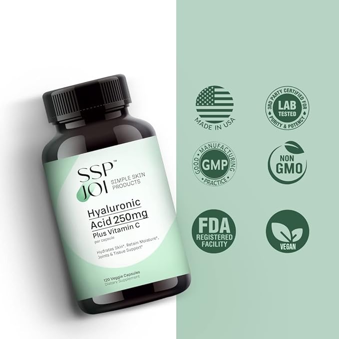 Hyaluronic Acid 250mg with 50mg Vitamin C per Capsule - 120 Veggie Capsules - Supports Skin Hydration, Youthful Skin, Joints Lubrication
