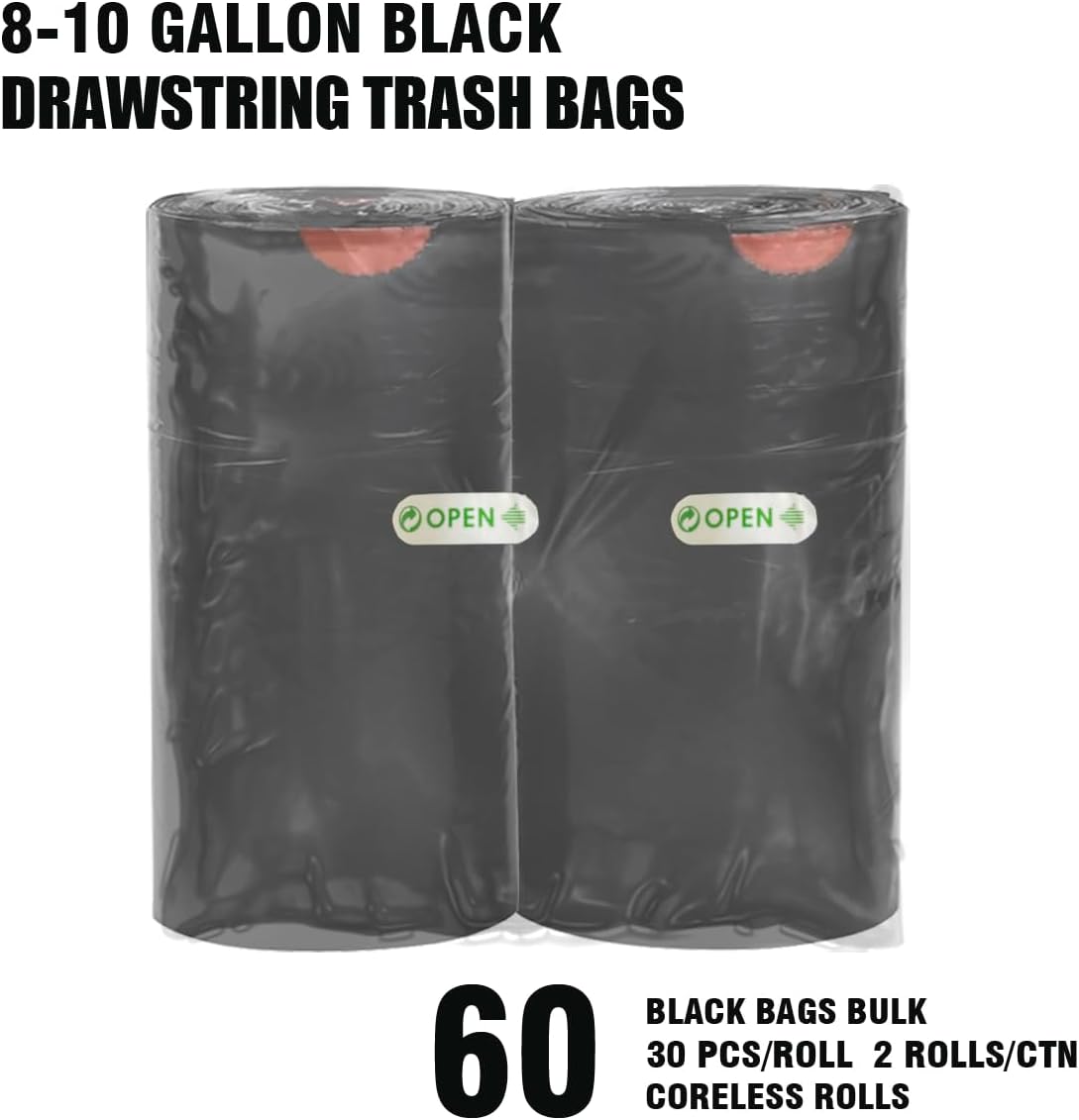 8-10 Gallon Trash Bags Drawstring, 60 Count Bulk, Black & Unscented Multi-purpose Garbage Bags for Business Home Bathroom Kitchen Commercial and Industrial