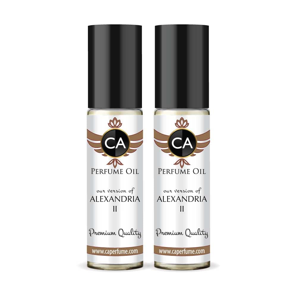 CA Perfume Impression of Alexandria II Unisex Eau De Parfum Amber Woody Scent Long Lasting Unisex Fragrance Travel Size TSA Ready for Day and Night Wear 0.33 Fl Oz 10ml (Pack of 2)
