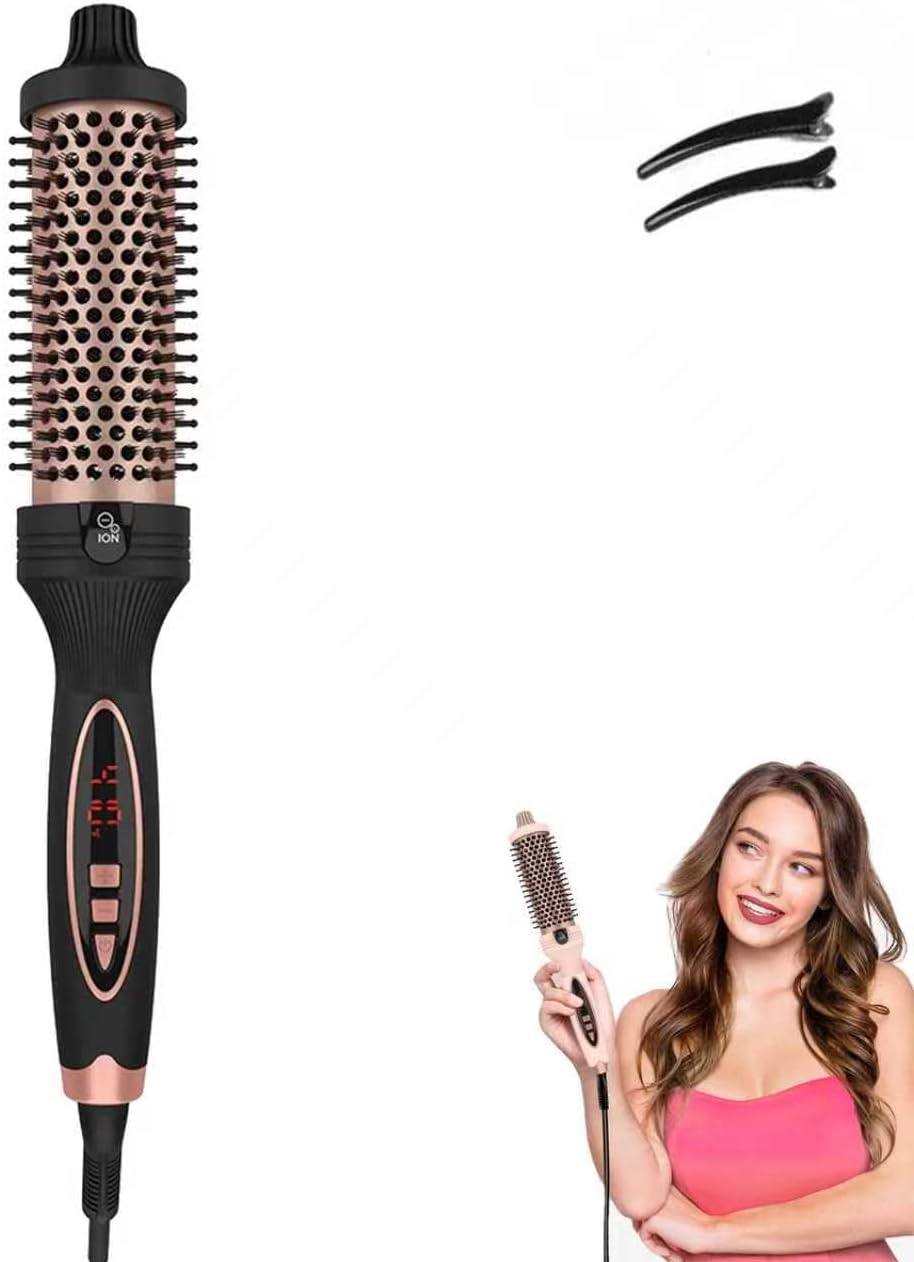 IUI Beauty Thermal Brush, 3-in-1 Pro Negative Ion Two PTC Heaters Thermal Brush with Styling Hair Clips Leafverve,Straightens, Volumizes & Curls with Negative Ion Technology, Digital Display (Black)