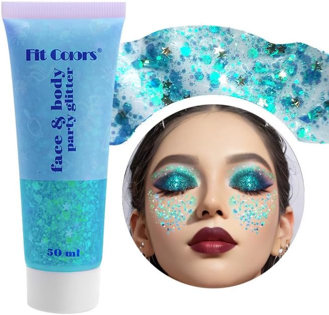 Light Blue Body Glitter, Mermaid Face Glitter Gel, Singer Concerts Music Festival Rave Accessories, Liquid Holographic Chunky Glitter Makeup for Lip Eye Hair Body