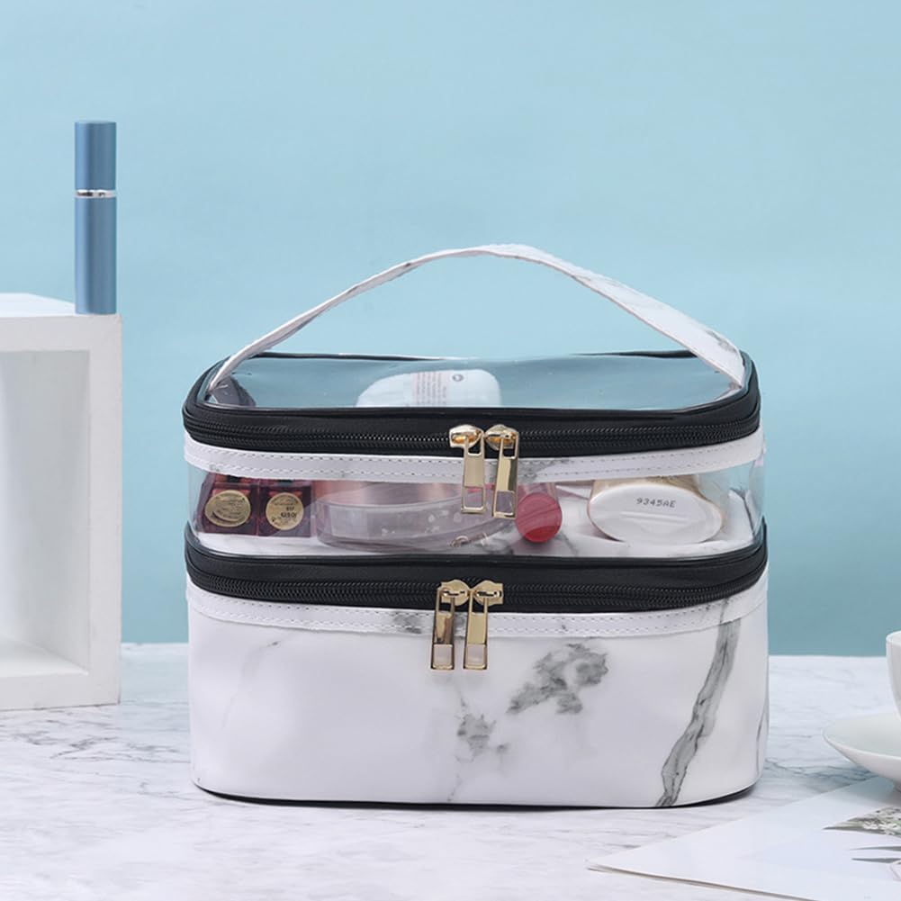 FITINI Makeup Bags Double Layer Travel Storage Cosmetic Cases Make up Organizer Toiletry Bags Water-resistant for Women Makeup Brush Bag,White Marble