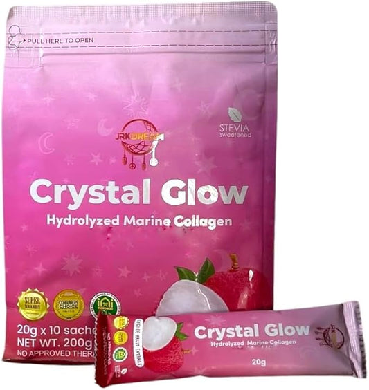 Crystal Glow Hydrolyzed Marine Collagen Mix with Glutathione & Lychee Extract, 10 Sachets