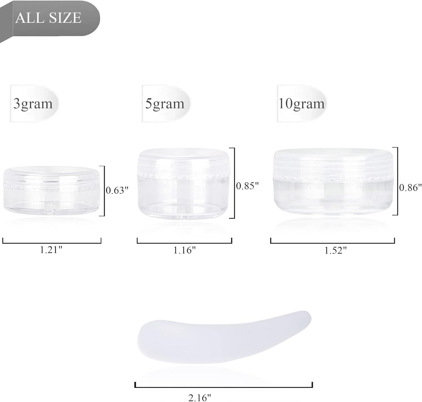 100PCS 3 Gram Sample Containers, 3ml Empty Jars with Lids, Small Cosmetic Containers, Mini Sample Jars with 8PCS Mini Spatulas for Make Up, Oils, Lotion, Powder, Paint, Jewelry, Lip Balms(Clear Lid)