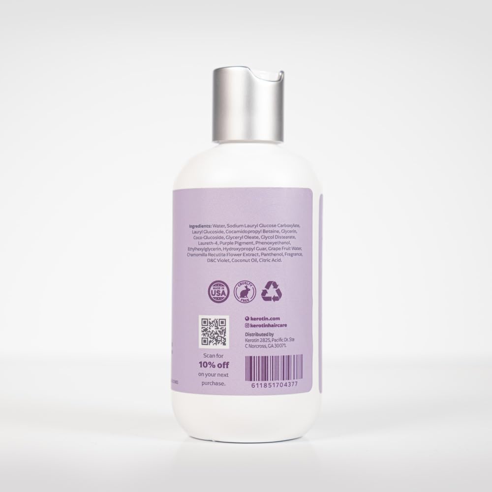 Kerotin Purple Shampoo and Conditioner Set for blond, silver, white, gray hair, and highlights. Removes brassy and yellow tones. Adds shine and moisture. Free of sulfates, parabens, sodium chloride, and silicones. Made in the USA.
