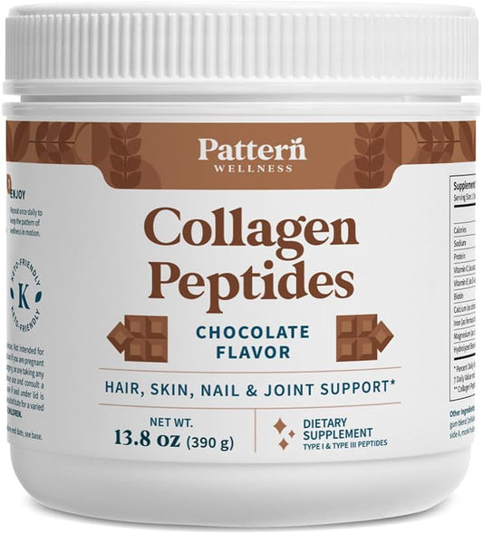Pattern Wellness Collagen Peptides Powder (Type I & III) - Hair, Nails, Skin & Joint Support - Grass Fed & Pasture-Raised - Hydrolyzed, Non-GMO, Dairy Free, & Keto-Friendly - Chocolate (13 Oz)