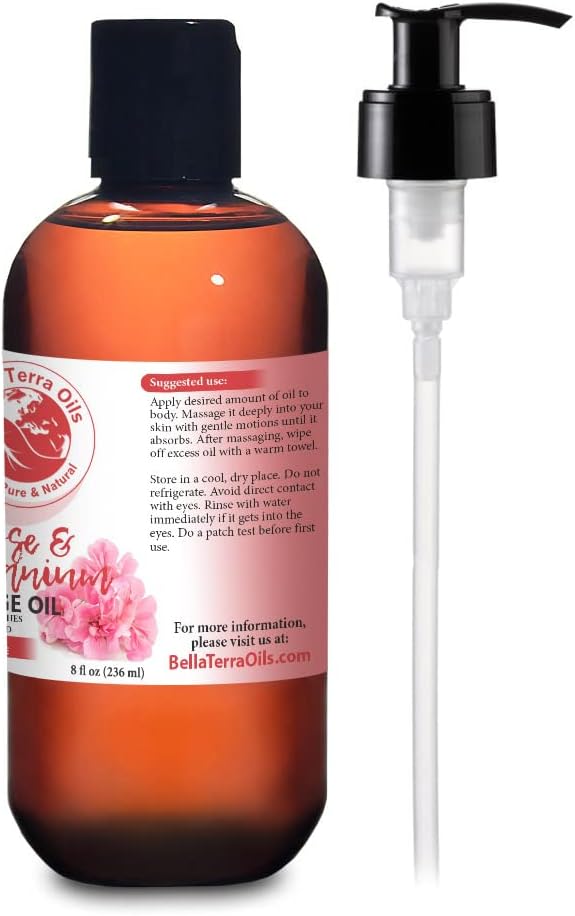 Rose and Geranium Massage Oil Without Mineral Oil. 8 oz. Full Body Massage Therapy. Soothes Body and Mind. Made with Olive Oil, Sesame Oil, Sunflower Oil, Aloe Vera, Geranium Oil, Rose Oil.