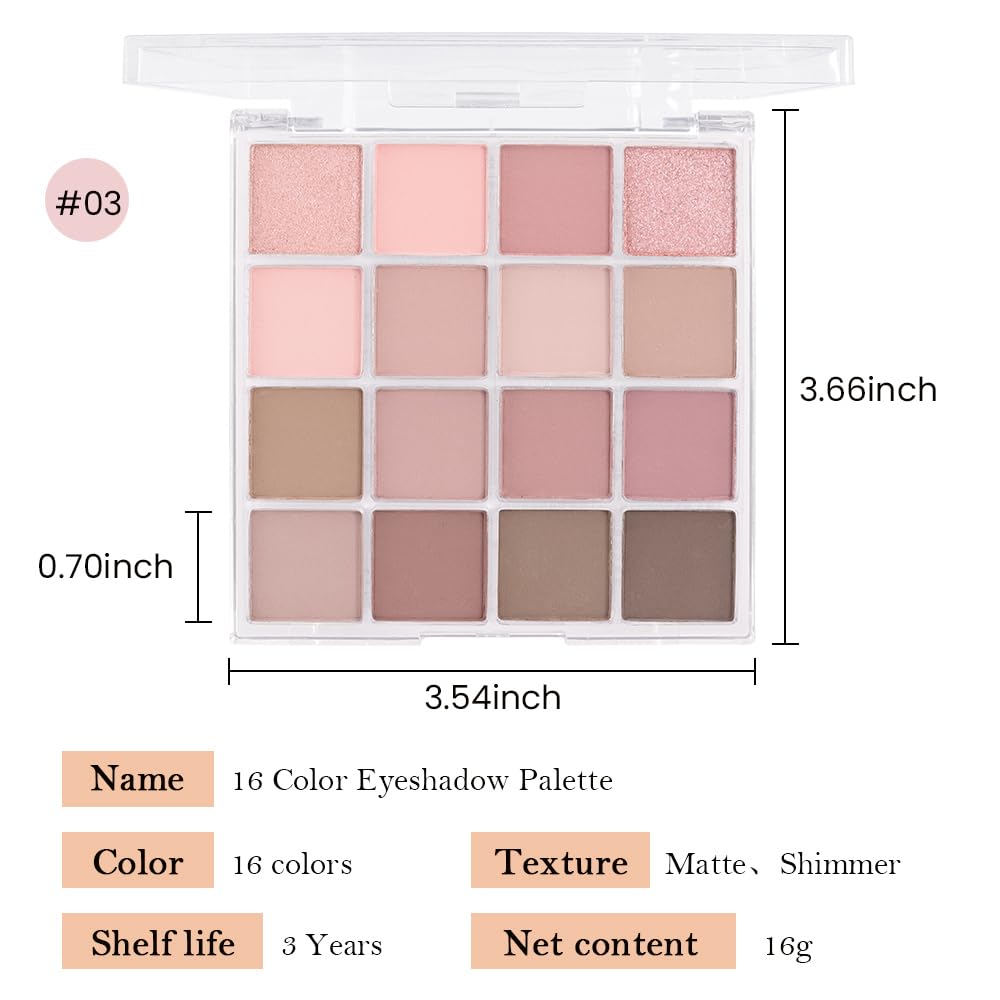 16Color Matte Shimmer Eyeshadow Palette,Natural Nude Brown RoseGold Coffee Pink DarkRed Sparkly Eye Shadow Makeup,Warm Pastel Eyeshadows Long Lasting Waterproof Naturing-Looking Women Girls Eye Shadow