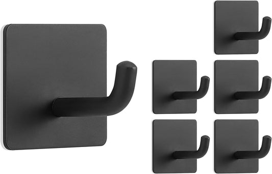 Livabber Adhesive Towel Hooks, 304 Stainless Steel Self Sticky Wall Hooks Waterproof Shower Hooks for Robe/Clothes, No Drilling Towel Hangers for Bathroom Kitchen Bedroom (Black, 6 Packs)