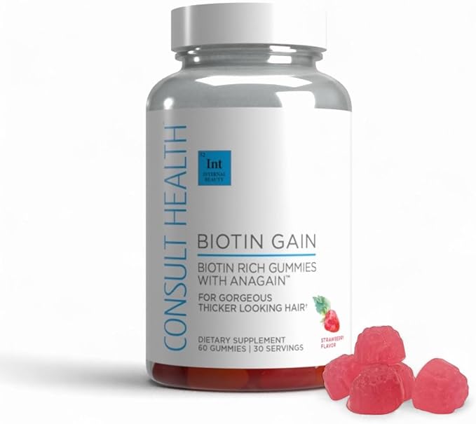 Consult Health BIOTIN GAIN Gummies with ANAGAIN - Reduce Hair Loss - Clinically Tested - 10,000 mcg Biotin Vitamin B7 to Support Healthy Hair Growth, Skin and Nails for Women and Men - 60 Count