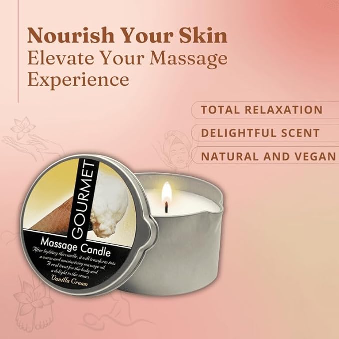 GOURMET COLLECTION Massage Oil Candle Vanilla Cream Scent - Vegan Moisturizing Massage Oil - Ideal Massage Oil for Massage Therapy, Luxurious Body Oil Experience 6.76oz