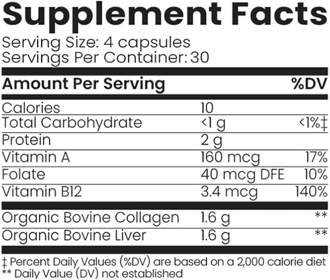 Organic Collagen Australia Pure Collagen & Liver Capsules – Muscle Strength & Vitality with Hydrolyzed Collagen, Grass-Fed Liver, and Vitamin B12 – 120 Capsules