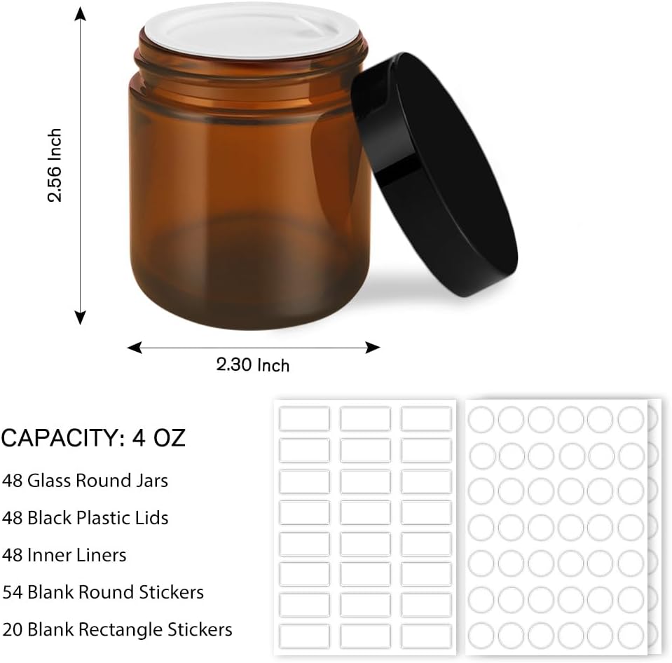 Tecohouse 4 oz Amber Glass Jar with Lids, 48 Pack Small Candle Jars with Lids & Sticker, Empty Cosmetic Containers for Sample, Cream, Spice, Lotion, Ointments Drying jar