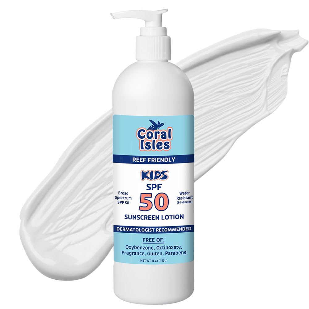 Coral Isles by Rocky Mountain Sunscreen | SPF 50 KIDS Lotion | Broad Spectrum UVA/UVB Protection | Hawaii Reef-Safe Act Compliant | Oxybenzone & Octinoxate Free | Water Resistant 80 Min. | 16 Fl Oz