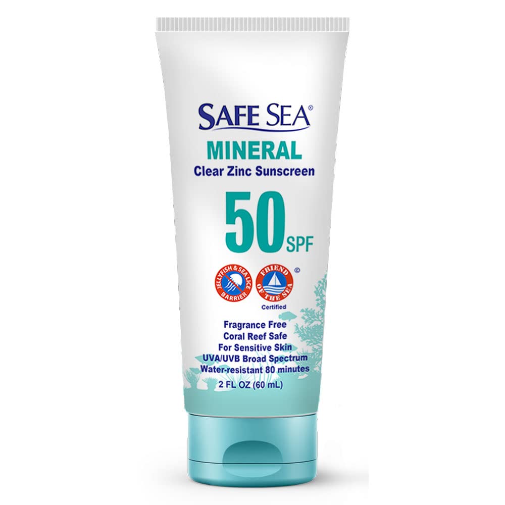Safe Sea Zinc Oxide Sunscreen SPF50 | Clear Mineral Face Sunscreen | Anti-Jellyfish Sting Protective Lotion | Coral Reef Safe | Travel Size - 2Oz (60ml), Pack of 1