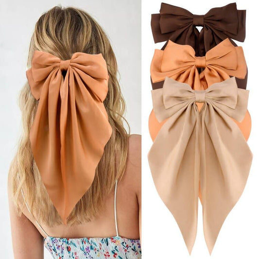 Velscrun 3Pcs Brown Series Big Bows Clip for Women Girls - Silky Satin Large Ribbons, Oversized Long Tail Barrettes, Hair Accessories Gifts for Sisters