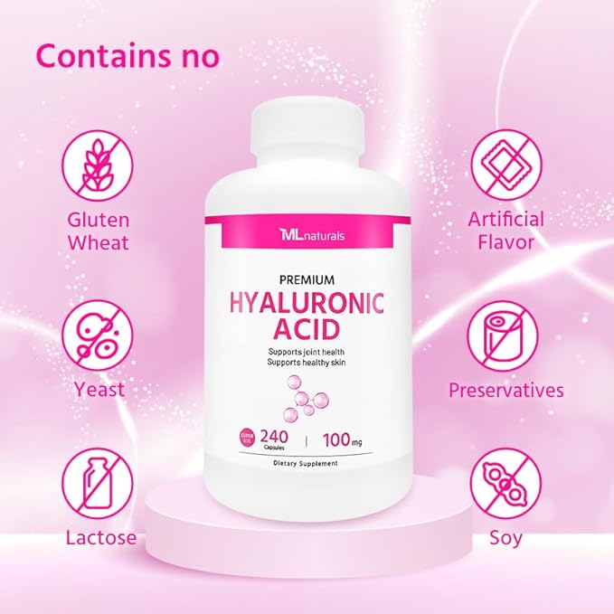 Premium Hyaluronic Acid 100 mg 240 Capsules. Supports Healthy Skin. Non-GMO