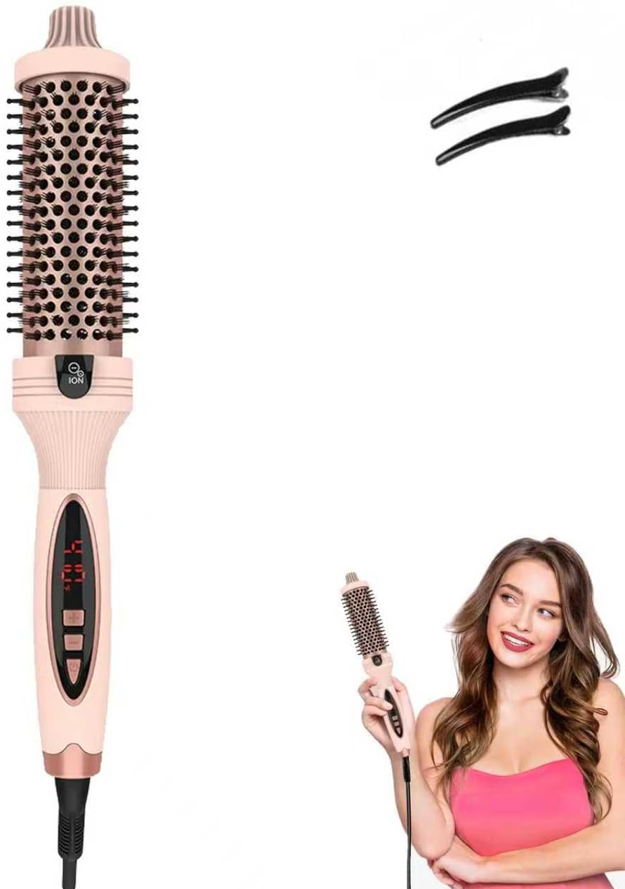 IUI Beauty Thermal Brush, 3-in-1 Pro Negative Ion Two PTC Heaters Thermal Brush with Styling Hair Clips Leafverve,Straightens, Volumizes & Curls with Negative Ion Technology, Digital Display (Pink)