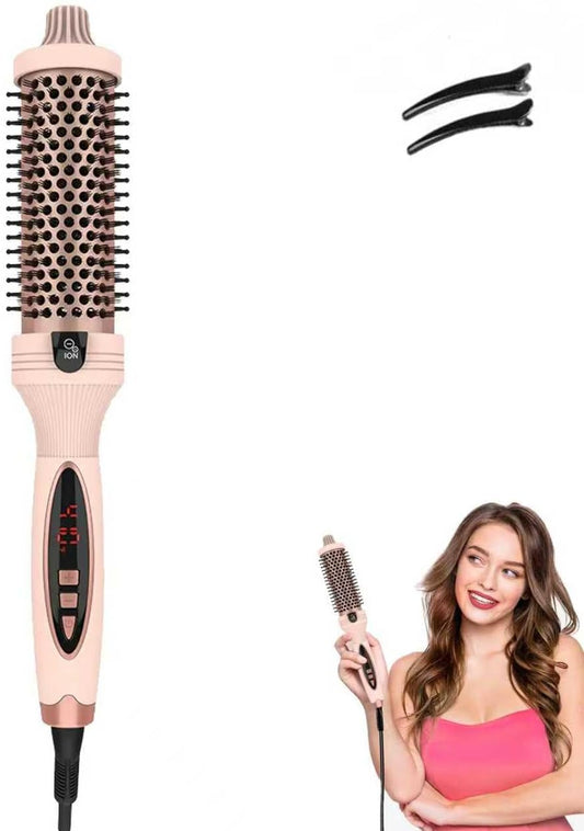 IUI Beauty Thermal Brush, 3-in-1 Pro Negative Ion Two PTC Heaters Thermal Brush with Styling Hair Clips Leafverve,Straightens, Volumizes & Curls with Negative Ion Technology, Digital Display (Pink)