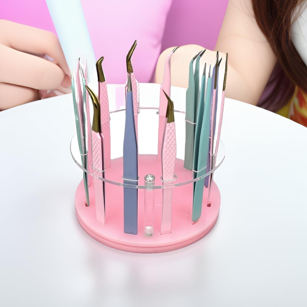 12 Holes Rotatable Acrylic Tweezers Holder, Grafting Eyelash Makeup Tweezer Stand Display Extensions Organizer Individual Training Tools (Pink)